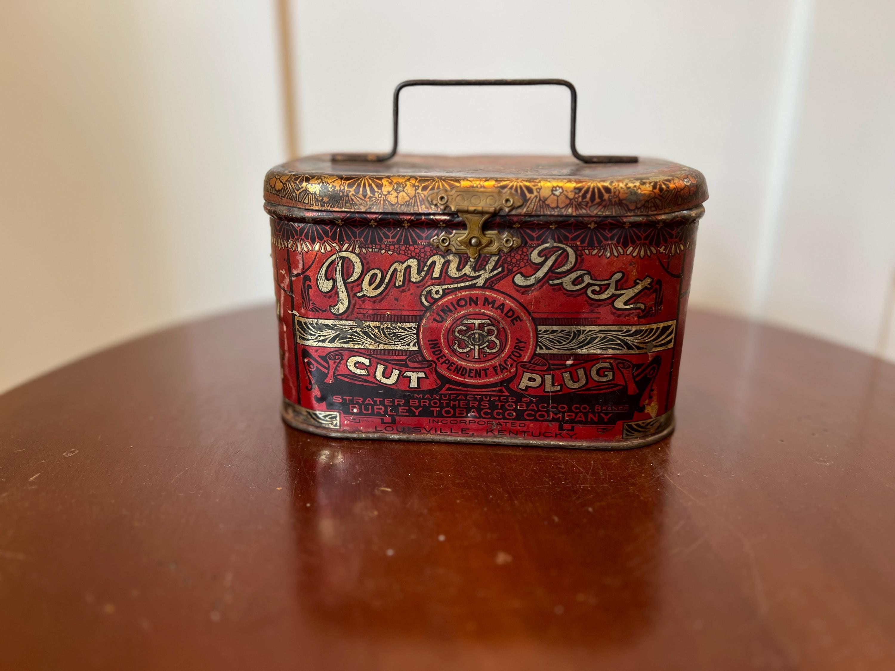 RARE Antique Penny Post Cut Plug Tobacco lunch pail tin by Strater Brothers  Tobacco Company Burley Tobacco Co, Louisville, KY