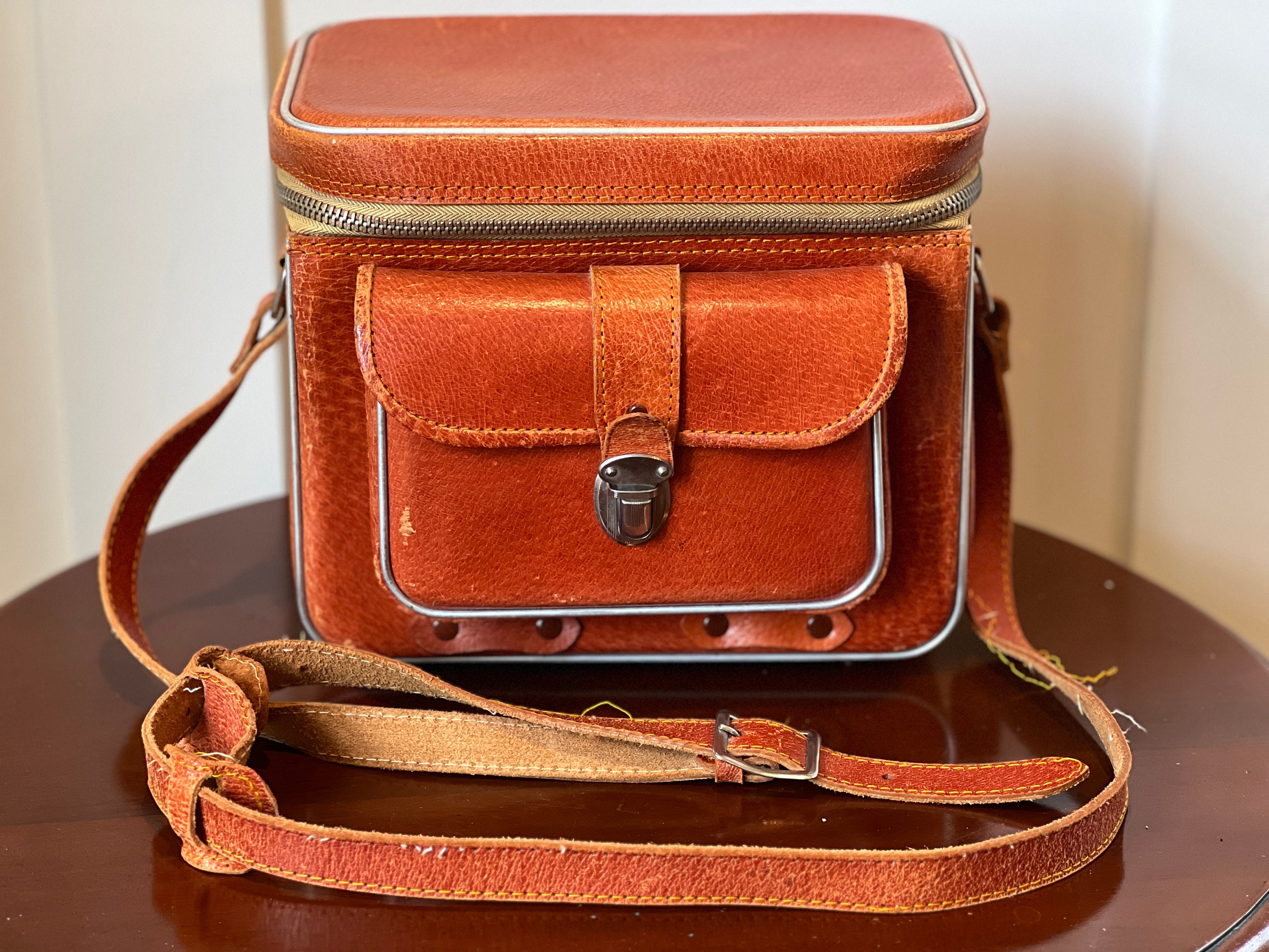 Vintage Leather Camera Bag Tan Brown DSLR Carrying Case With Brass