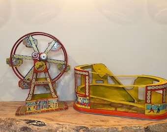 Vintage J. Chein Tin Lithograph Ferris Wheel & Roller Coaster Toy Set | 1930s Pre-War Carnival Amusement | American Tin Toy Collectible