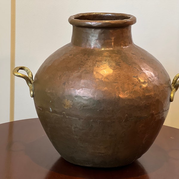 Antique Late 19th Century Hammered Copper Vessel or Vase with Brass Handles