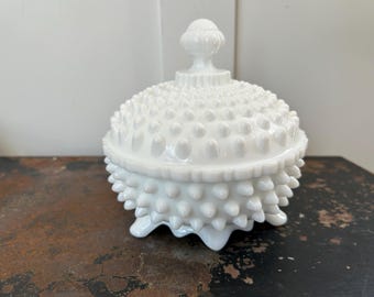 Vintage Fenton White Milk Glass Hobnail Covered Candy Dish | Mid Century 3-Toed Footed Lidded Trinket Box, Retro Farmhouse Cottagecore Decor