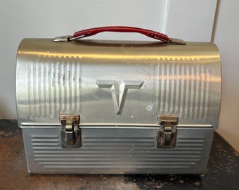 Vintage American Thermos Bottle Co. V or Victory Aluminum Dome Lunch Box with Red Handle