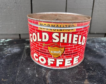 Rare Vintage Gold Shield Coffee Can | Schwabacher Brothers Seattle Tin | Antique Coffee Advertising | 1940s Kitchen Decor