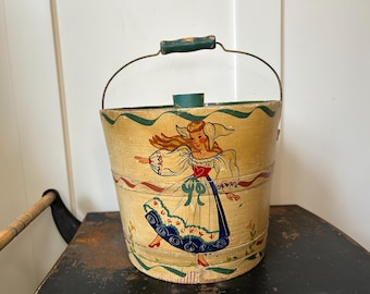 Vintage Hand Painted Cookie Bucket Firkin Scandinavian Folk Art — Kitchen Decor - Primitive Wooden Cookie Pail Cottagecore