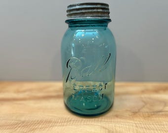 Antique Quart 1923 'Blue Ball' Perfect Mason Ball Jar #2 with Zinc Cap and Milk Glass insert - Farmhouse Decor