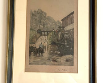 Antique Jean Lefort Etching "Stop at the Mill" WWI Art Framed French Impression From the Front Color Aquatint - War Chronicle 1910s Fine Art