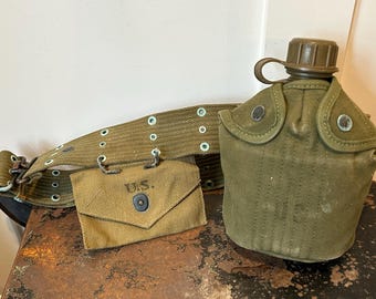 Vintage WWII 1943 US Army Military Water Canteen and Belt with Pouch