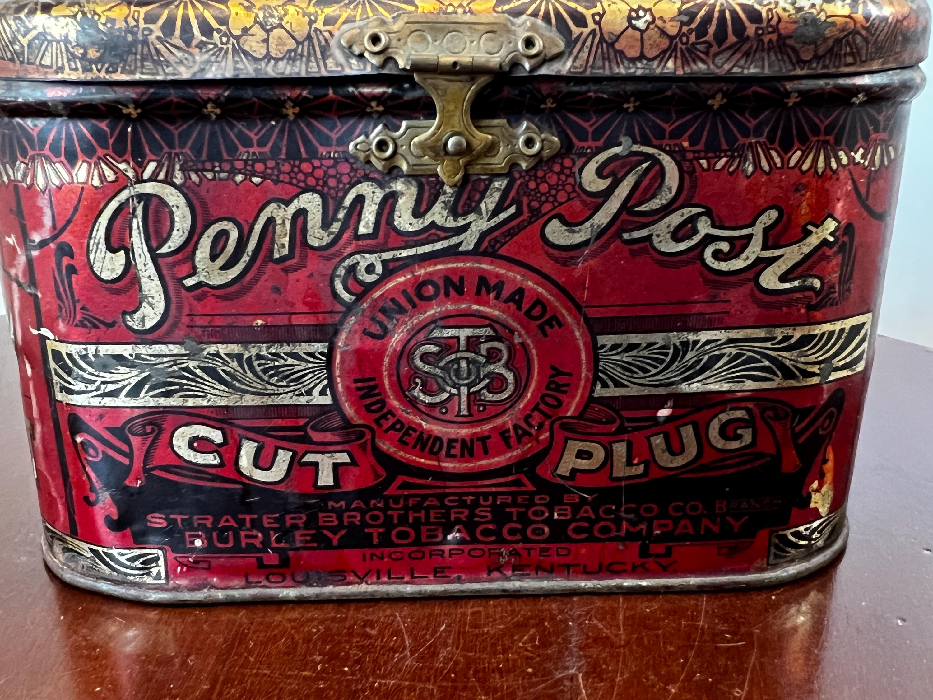 RARE Antique Penny Post Cut Plug Tobacco lunch pail tin by Strater Brothers  Tobacco Company Burley Tobacco Co, Louisville, KY