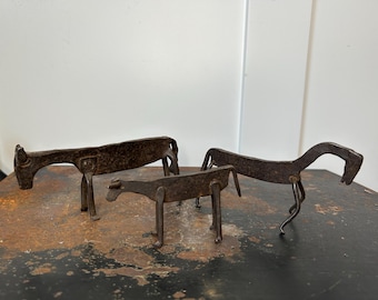 Vintage Set of 3 MCM Brutalist Hand Forged Metal Farm Animals Cow, Horse and Goat - Mid-Century Modern Metal Art