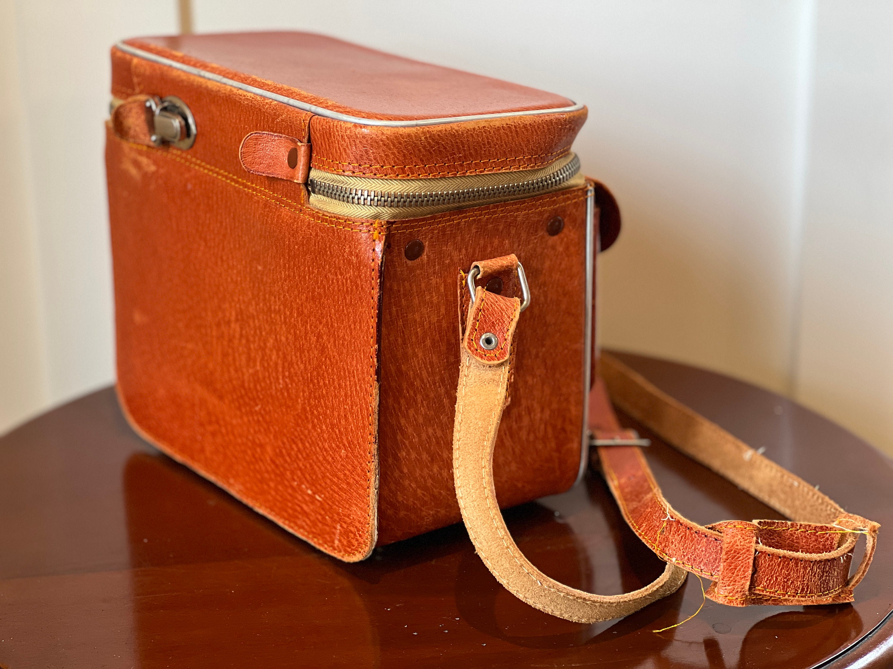 Vintage Leather Camera Bag Tan Brown DSLR Carrying Case With Brass