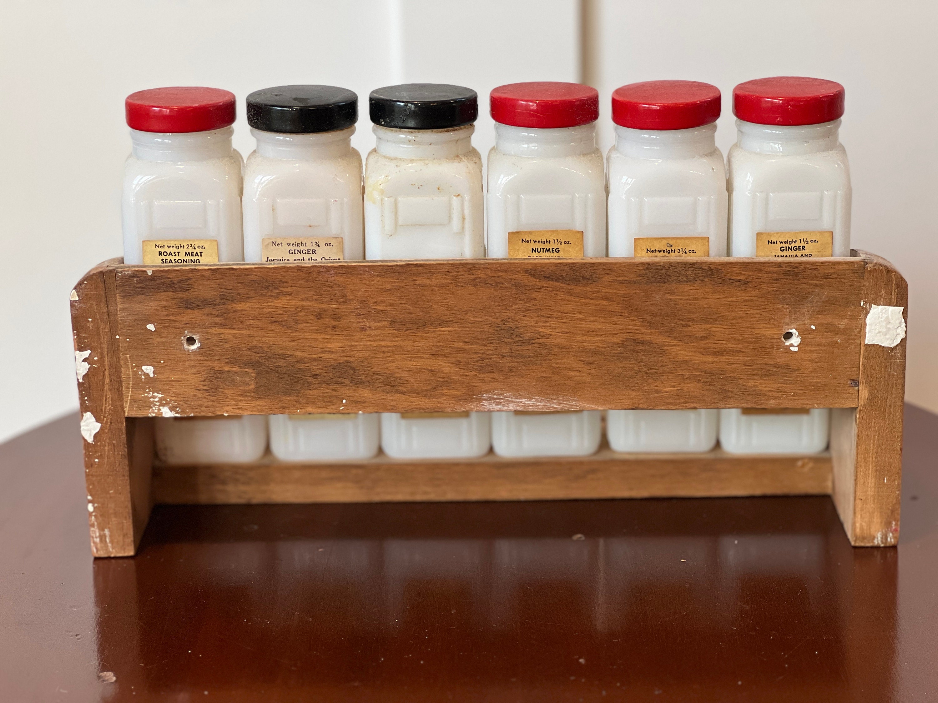 Vintage Griffith Art Deco Milk Glass Spice Jars and Wood Wall Rack