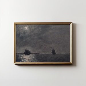 Vintage Moonlit Seascape Art Print | Sailing at Night Painting | Nautical Maritime Printable Wall Art | Digital Download | PH025