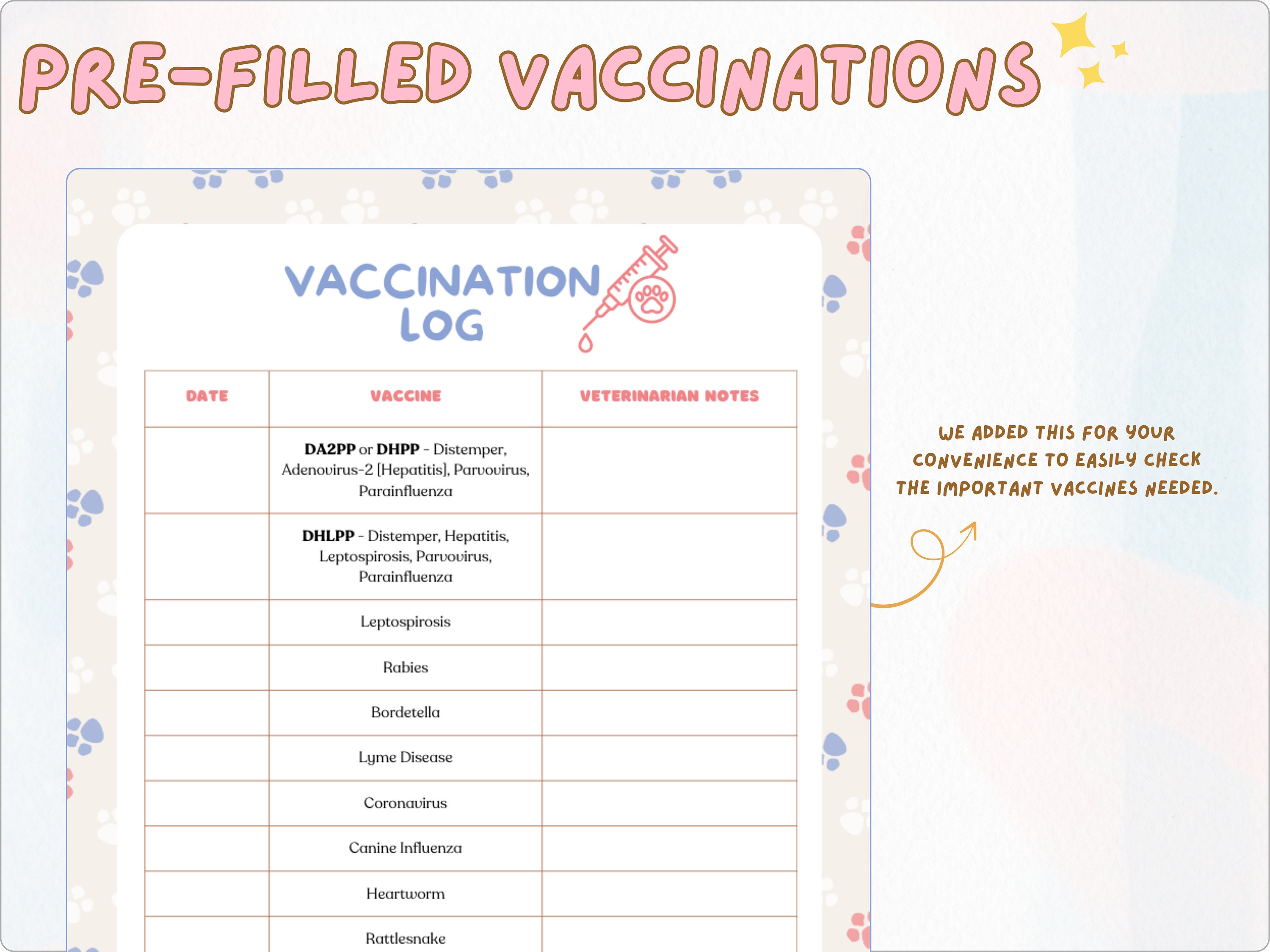Puppy Vaccination Record Printable Pet Information Sheet for Fur Mama ...