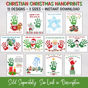 May include: A collection of 12 Christian Christmas handprint art templates for instant download. Each sheet features festive illustrations including gingerbread, snowmen, penguins, and nativity scenes, designed for children to add handprints.