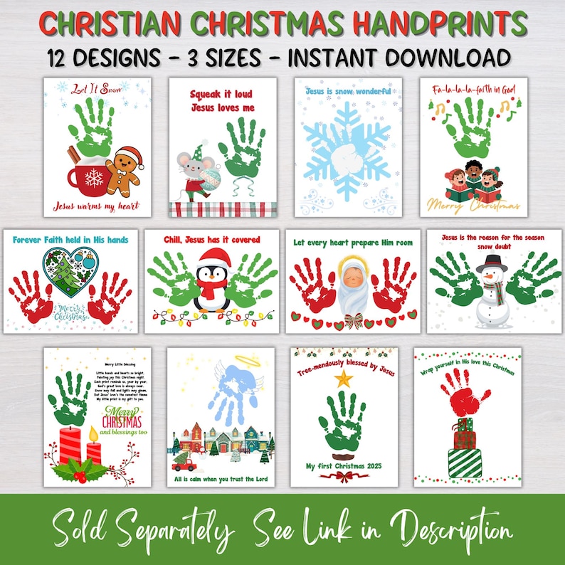 May include: A collection of 12 Christian Christmas handprint art templates for instant download. Each sheet features festive illustrations including gingerbread, snowmen, penguins, and nativity scenes, designed for children to add handprints.