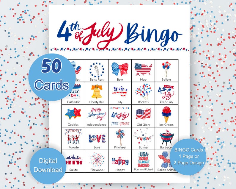 4th of July Bingo Game, 50 Printable Bingo Cards, Independence Day ...