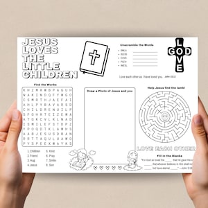 Peut inclure: Une feuille d'activité blanche avec le texte "JESUS LOVES THE LITTLE CHILDREN" et diverses activités, dont une recherche de mots, des mots à reconstituer, un labyrinthe et des exercices à compléter. La feuille comprend également des illustrations d'une Bible et d'une croix.