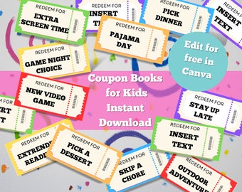 Libro de cupones imprimible para niños, plantilla de recompensa editable, cupón de regalo de cumpleaños para niñas y niños. Libro de cupones editable para niños.