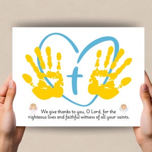 All Saints Day Handprint Craft, Handprint Art Prayer Hands, Preschool Activity, Catholic Printable, Toddler Handprint, Sunday School Craft