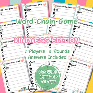 May include: A collection of Word Chain Game sheets, Kindness Edition, featuring 2 players, 8 rounds, and answers included. Each white paper sheet has a jar icon, lines for words, and the text Word Chain Game, Kindness Edition, and Fun Word Game for All Ages.