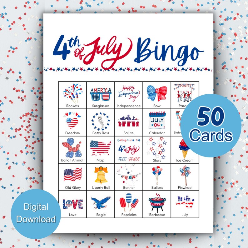 4th of July Bingo Game, 50 Printable Bingo Cards, Independence Day ...