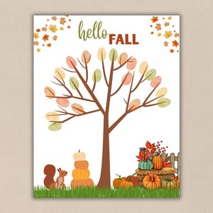 May include: A white rectangular print featuring the text hello FALL in green and brown. A brown tree with pastel-colored thumbprint leaves stands above green grass. A squirrel, a stack of pumpkins, and a pumpkin patch with a fence are included.
