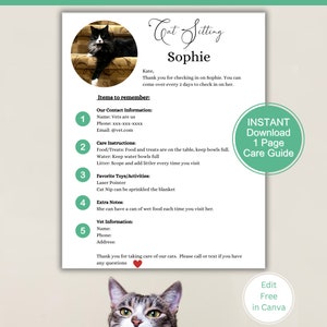 Könnte beinhalten: Ein druckbarer Katzen-Betreuungsleitfaden mit einem Bild einer schwarz-weißen Katze. Der Leitfaden enthält Informationen über den Namen der Katze, Sophie, Pflegehinweise, Lieblingsspielzeug und Tierarztinformationen. Der Text "INSTANT Download 1 Page Care Guide" befindet sich in einem grünen Kreis oben rechts auf der Seite.