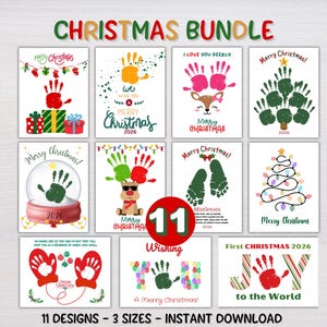 May include: A Christmas bundle of 11 printable designs featuring handprint and footprint art. The collection includes illustrations of reindeer, snow globes, mittens, and Christmas trees with text like Merry Christmas 2026 and Joy to the World.