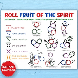 Puede incluir: Un tablero de juego imprimible titulado "Roll Fruit of the Spirit" con instrucciones e ilustraciones para la paciencia, la paz y la alegría. Incluye un círculo rojo con "Descarga instantánea".