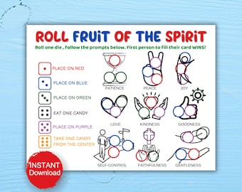 Gioco del frutto dello Spirito, gioco stampabile, gioco della scuola domenicale, gioco delle caramelle, divertimento per tutte le età, gioco biblico facile, Galati 5:22-23