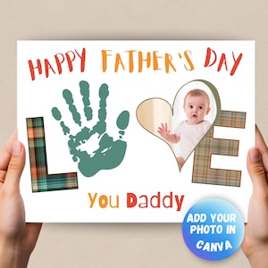 Father’s Day Gift Handprint Craft, Photo Craft, Handprint LOVE Design, Customized Art with face of your child.  Edit Free in Canva Template