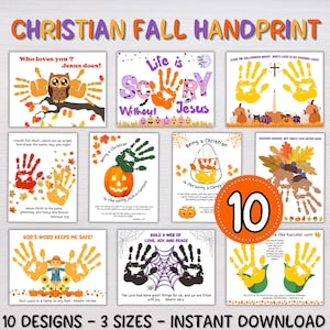 May include: A collection of 10 Christian fall handprint craft templates featuring autumn themes like owls, pumpkins, candy corn, and spider webs. Each page includes religious text and space for handprints, with a large orange circle stating 10.