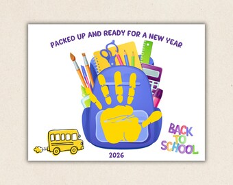 Attività creativa con le impronte delle mani, Kit per il primo giorno di scuola con le impronte delle mani, Risorsa stampabile per insegnanti, Arte con le impronte delle mani degli studenti, Attività prescolare con le impronte delle mani sullo zaino