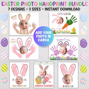 Arte com impressão de mão de Páscoa, foto, artesanato, pacote de artesanato de Páscoa editável, atividade pré-escolar, modelo Canva, atividade de creche, impressão de mão de lembrança