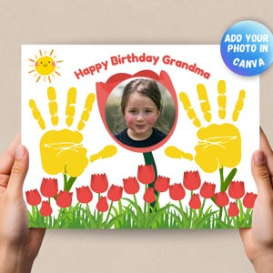 Artesanato com impressão da mão da vovó, artesanato com impressão da mão com foto de aniversário, presente para a vovó, feliz aniversário, atividade para crianças pequenas, edição de texto no CANVA