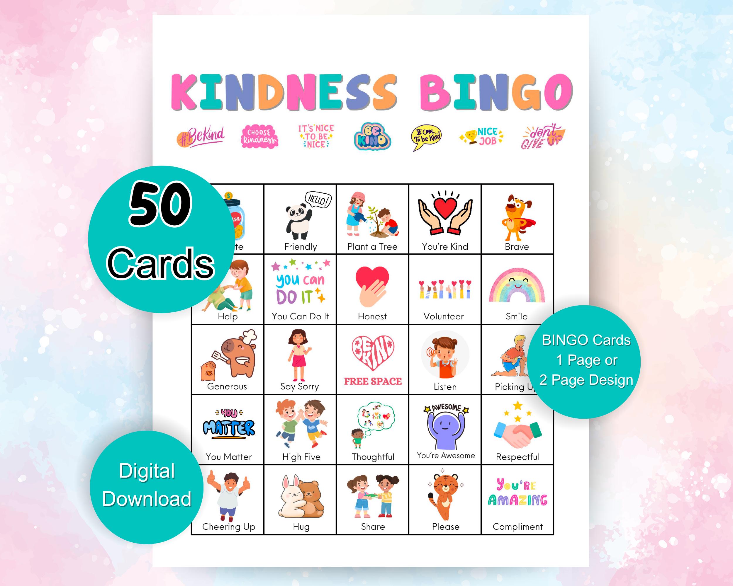 Kindness Bingo Game, 50 Printable Bingo Cards, Fun Sunday School Game, Church Camp Activity, Youth Group Bingo, Reminder to be Kind