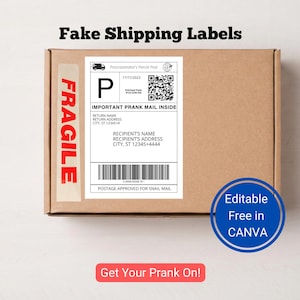 Op de afbeelding: Een bruine kartonnen verzenddoos met een wit rechthoekig label met de tekst IMPORTANT PRANK MAIL INSIDE, een QR-code, een streepjescode en een rode FRAGILE-sticker aan de linkerkant. Een blauwe cirkelvormige badge vermeldt Editable Free in CANVA.