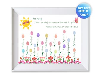 Teacher Appreciation Gift, Fingerprint Art, Handprint Craft, Inspirational Teacher Gift, End of Year Keepsake, Edit Student&#39;s Name in CANVA