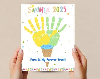 May include: A colorful print featuring a handprint design in yellow and green, resembling an ice cream cone. The text "SUMMER 2025" and "Jesus Is My Forever Treat!" are displayed. The print is held by two hands.