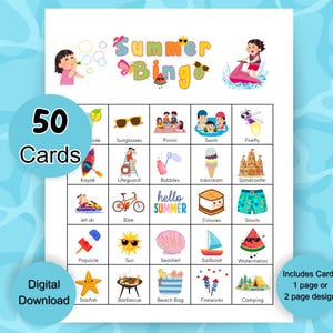 Jogo de Bingo de Verão, 50 Cartões de Bingo para Acampamento para Imprimir, Jogo de Festa de Verão, Jogo Divertido para a Família, Atividade de Verão para Crianças, Fácil de Imprimir e Jogar