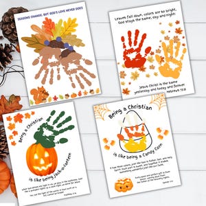 May include: Four printable activity sheets featuring handprint art and autumn themes. Designs include brown handprint acorns, red and yellow handprints with leaves, a green handprint pumpkin, and a candy corn illustration with religious text.