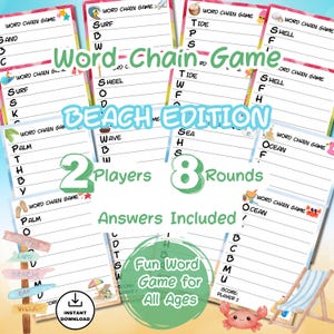 May include: A collection of printable Word Chain Game sheets with a beach theme. The pages feature the text Word Chain Game, Beach Edition, 2 Players, 8 Rounds, and Answers Included. Each sheet includes lines for words, beach-themed icons, and a score section.