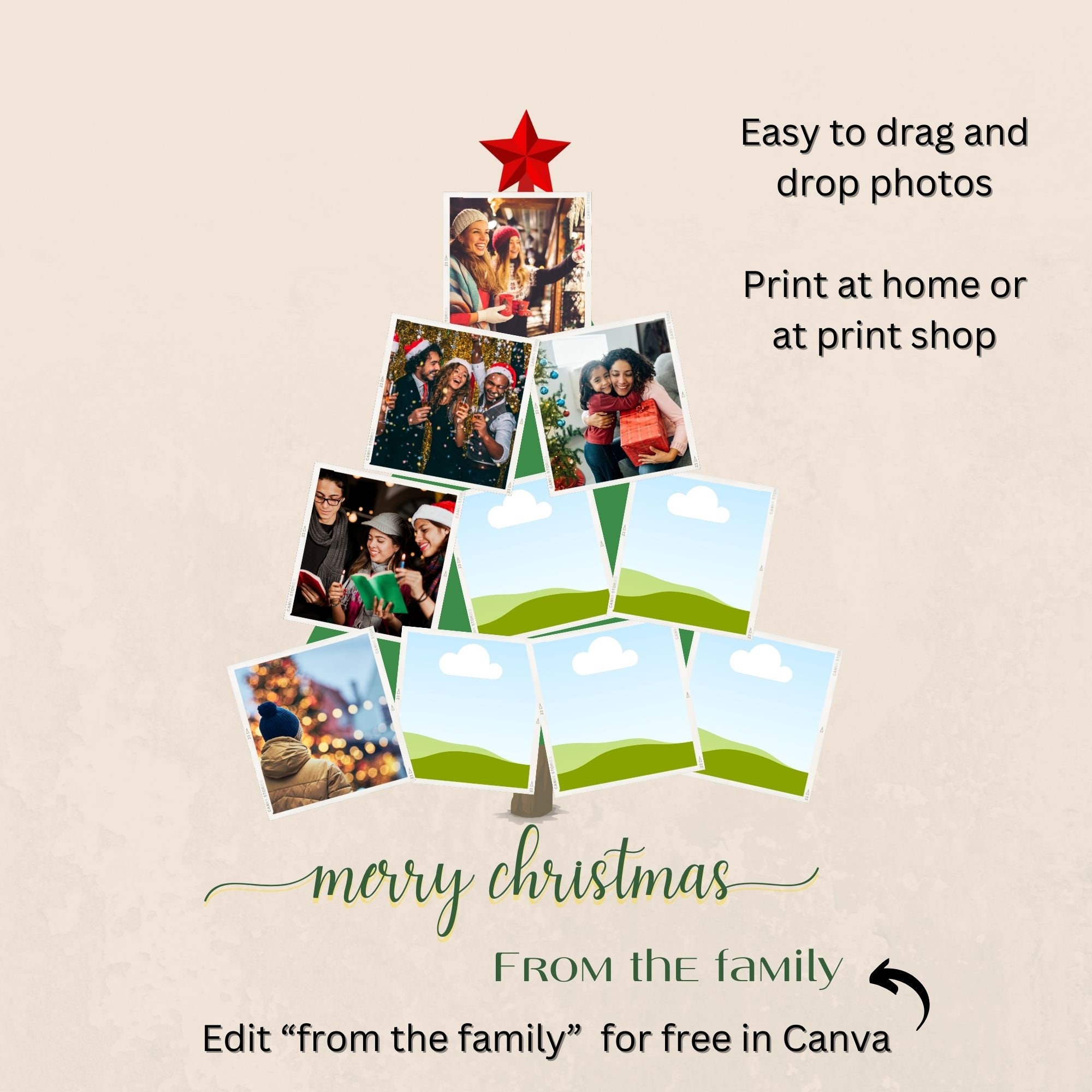 Photo Collage, Christmas Tree Shape Photo College Template, Printable