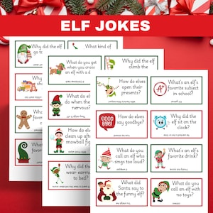 Puede incluir: Tres montones de tarjetas de chistes navideños con ilustraciones de elfos y texto. Las tarjetas presentan varios chistes y acertijos, con un fondo rojo y decoraciones festivas.