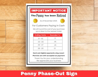 Cartello di eliminazione graduale dei penny, cartello "niente più penny", avviso di cassa, arrotondamento dei penny, cartello aziendale, notifica dei penny, cartello sulla politica dei penny