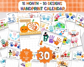 Handprint Calendar Gift, 15 Month Printable Handprint Designs, Fingerprint Art, Preschool Activity, Handprint Keepsake, Memory Book Activity