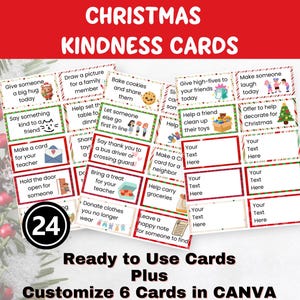 May include: A set of 24 Christmas Kindness Cards with various acts of kindness listed on each card. The cards are rectangular with red and green borders and include text such as "Give someone a big hug today" and "Make a card for your teacher."