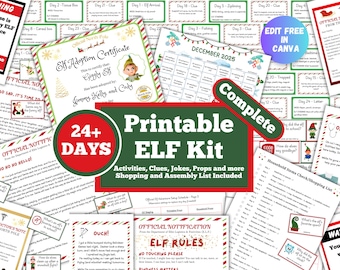 May include: A collection of printable Elf Kit materials, including activity sheets, certificates, and checklists. The kit features a red and green color scheme with text that reads "Printable ELF Kit" and "24+ DAYS".