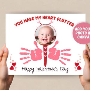 Valentines Day Handprint Photo Craft, Handprint Craft Preschool Activity, Toddler Photo Album, Baby Handprint Photo Keepsake, Canva Template