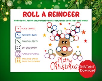 Roll a Reindeer Game, Printable Holiday Game, Christmas Party, Candy Game, Winter Party, Fun for all Ages Easy, Classroom Party Game